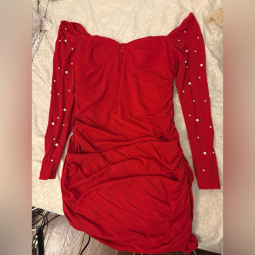 Homecoming Red Long Sleeve Dress with Pearl Details